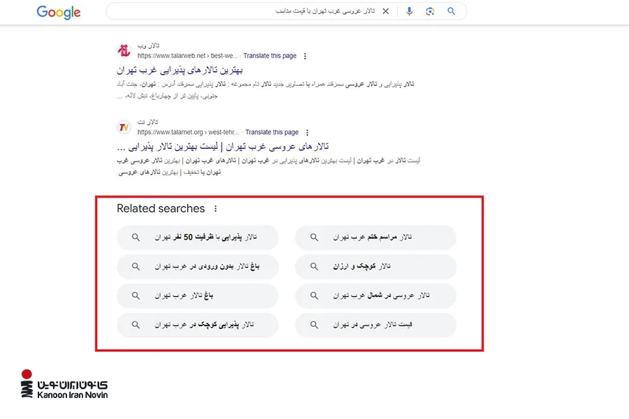 در کادر قرمز نتایج مرتبط گوگل را مشاهده می‌کنید که شامل کلمات کلیدی LSI است