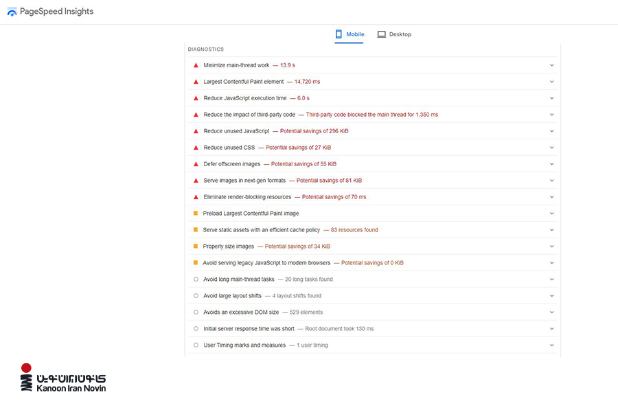 لیست عیوبی که باعث کندی سایت می‌شوند، در ابزار Google PageSpeed Insights نمایش می‌یابند