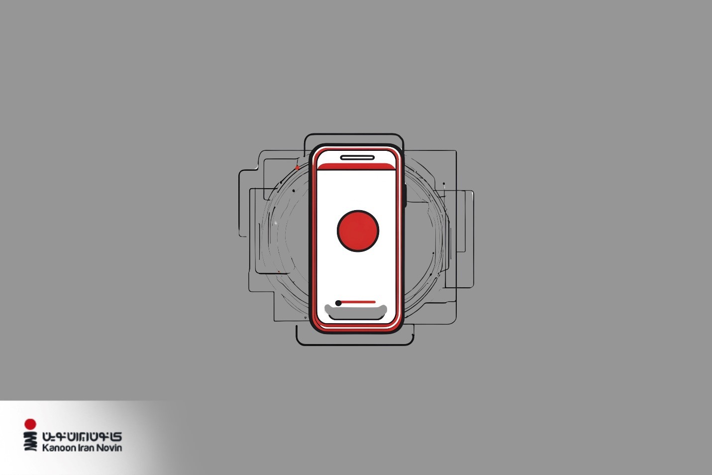 دایره قرمز نماد کانون ایران نوین در مرکز یک صفحه موبایل